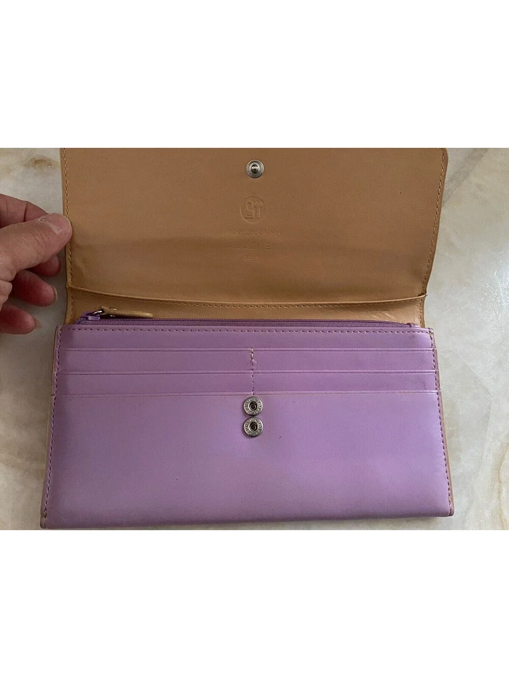 Lodis RFID Leather Lavender Wallet Beige Accent Snap Closure Zip Compartment